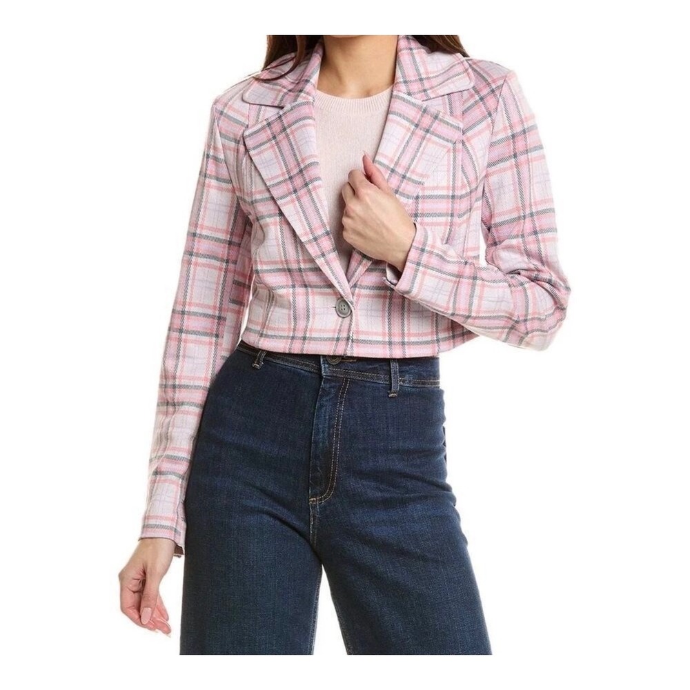 Cabi Cropped Plaid Blazer XS Pink Purple Single Button Preppy Academia Jacket